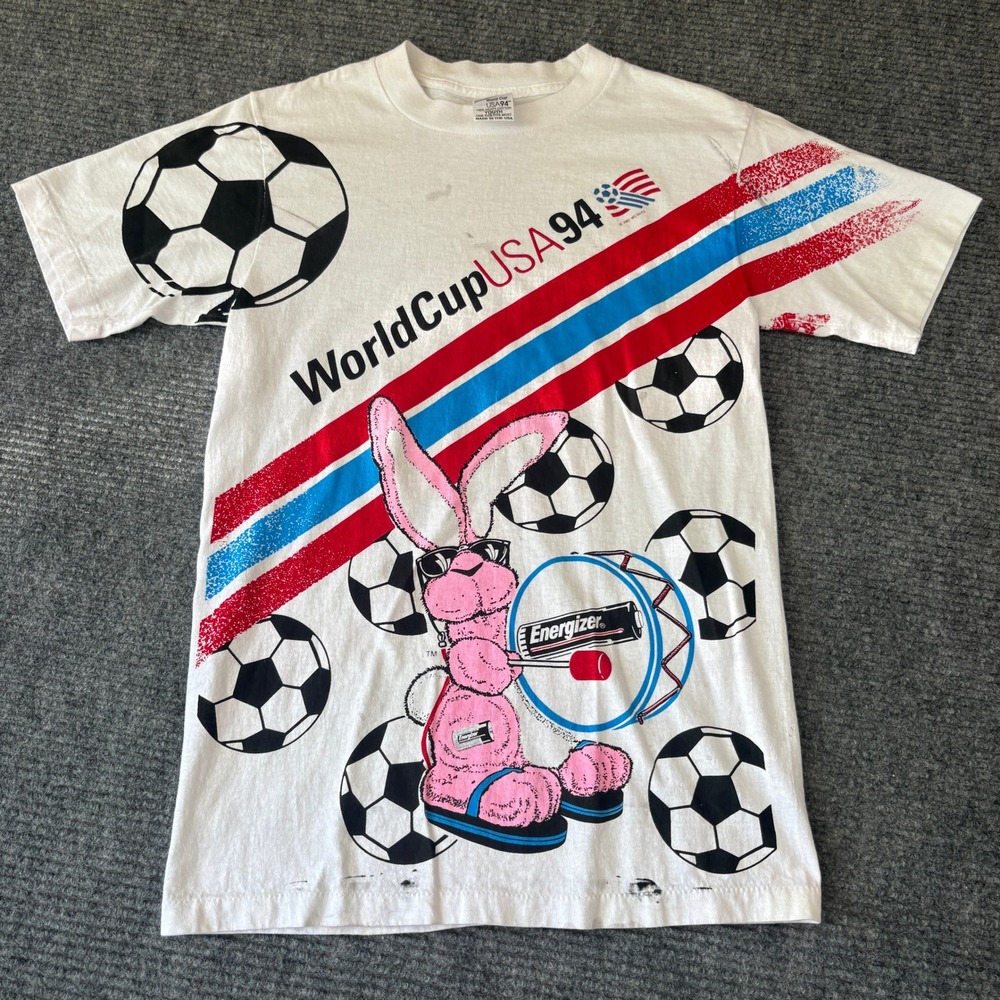 Vintage 1994 World Cup USA Energizer Bunny T-Shirt Youth AOP Soccer White 90s